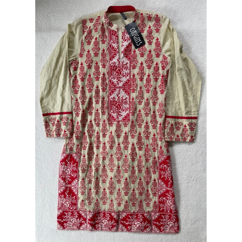 Origins‎ Women Medium Kurta Tunic Beige Red Embroidered Long Sleeve Pakistani